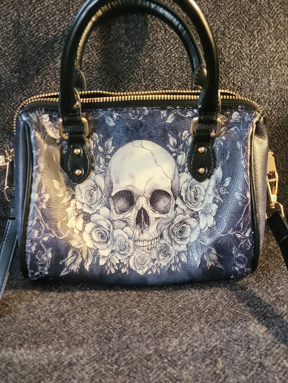 Skull & Roses Black Satchel Handbag